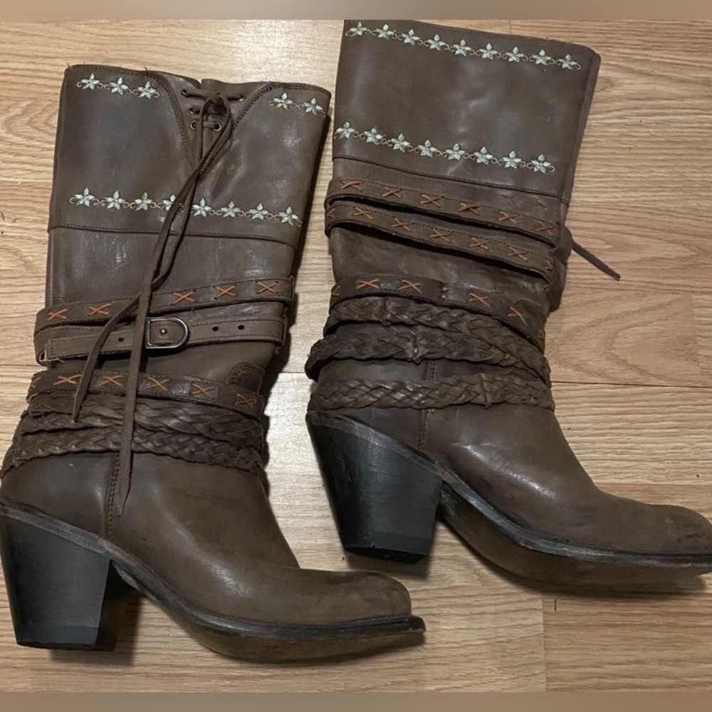 Corral Womens Distressed Brown Multi Braided Strap Round Toe Boots Size 6